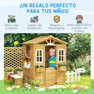 Casita Infantil Exterior de Madera Casita Infantil de Jardín con Buzón Ventanas Jardinera Mostrador y Banco Casa de Juegos para Niños a Partir de 3 Años Natural