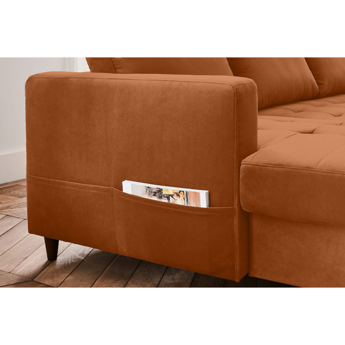 Anna - canapé panoramique d'angle droit - 7 places - convertible avec coffre - en velours - Rouille