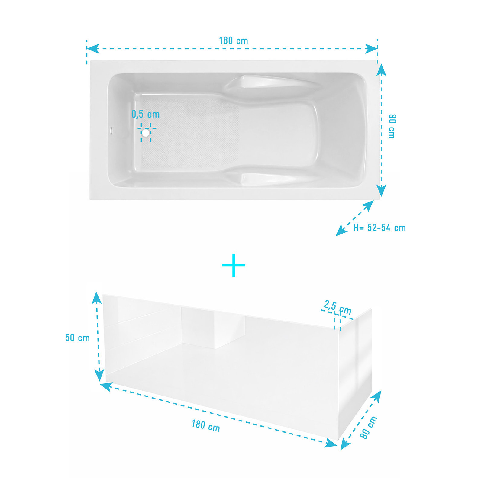 Pack Baignoire 180x80cm avec Zone Douche et Tabliers recoupables de 180 et 80cm Blanc Brillant - MAE