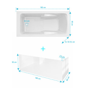 Pack Baignoire 180x80cm avec Zone Douche et Tabliers recoupables de 180 et 80cm Blanc Brillant - MAE