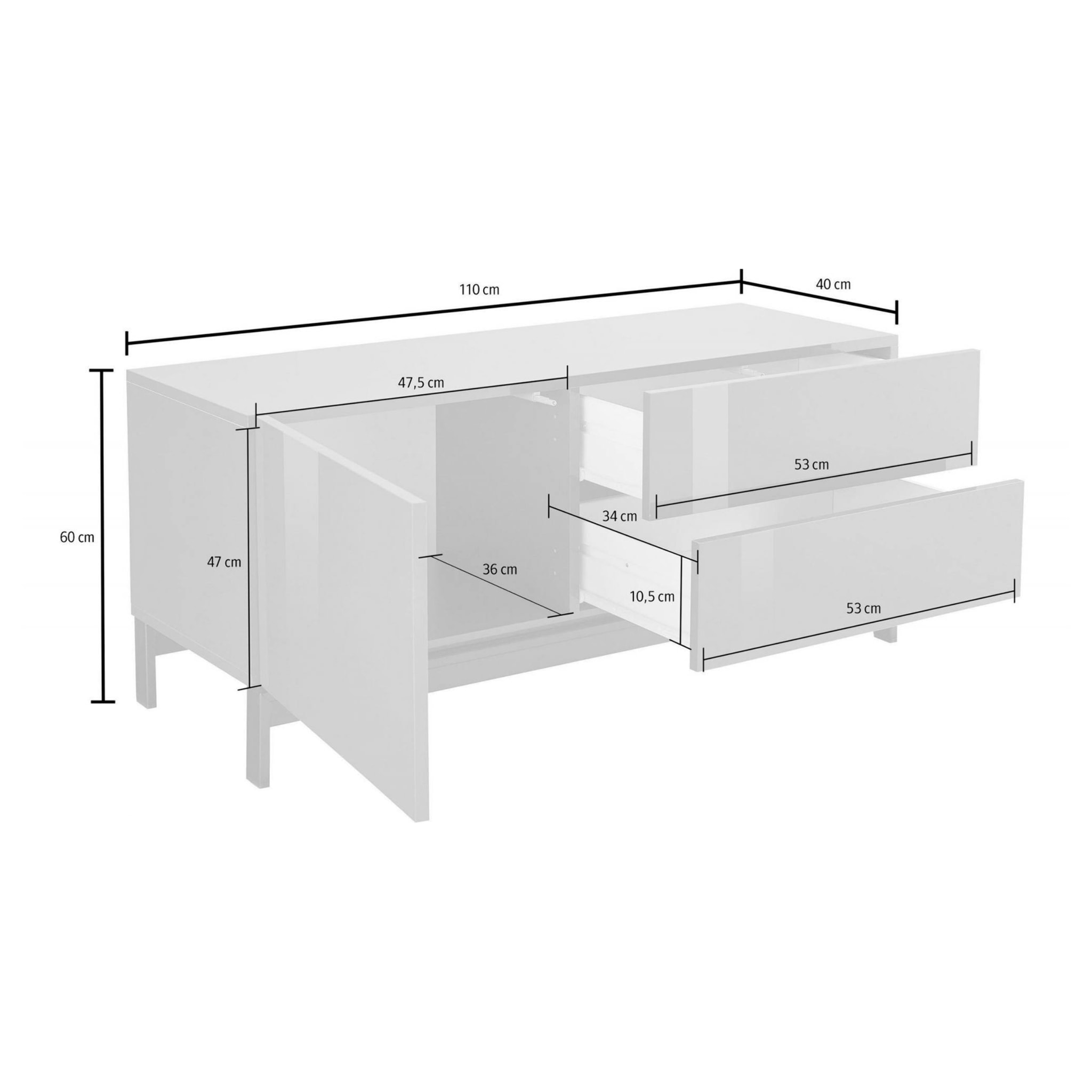 Mobile da soggiorno Porta TV, Made in Italy, Supporto per TV da salotto rialzato, 1 anta e cassetti, cm 110x40h47, colore Bianco lucido