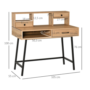 Bureau secrétaire style industriel dim. 105L x 55l x 100H cm 3 tiroirs + 3 niches piètement métal noir plateau imitation bois