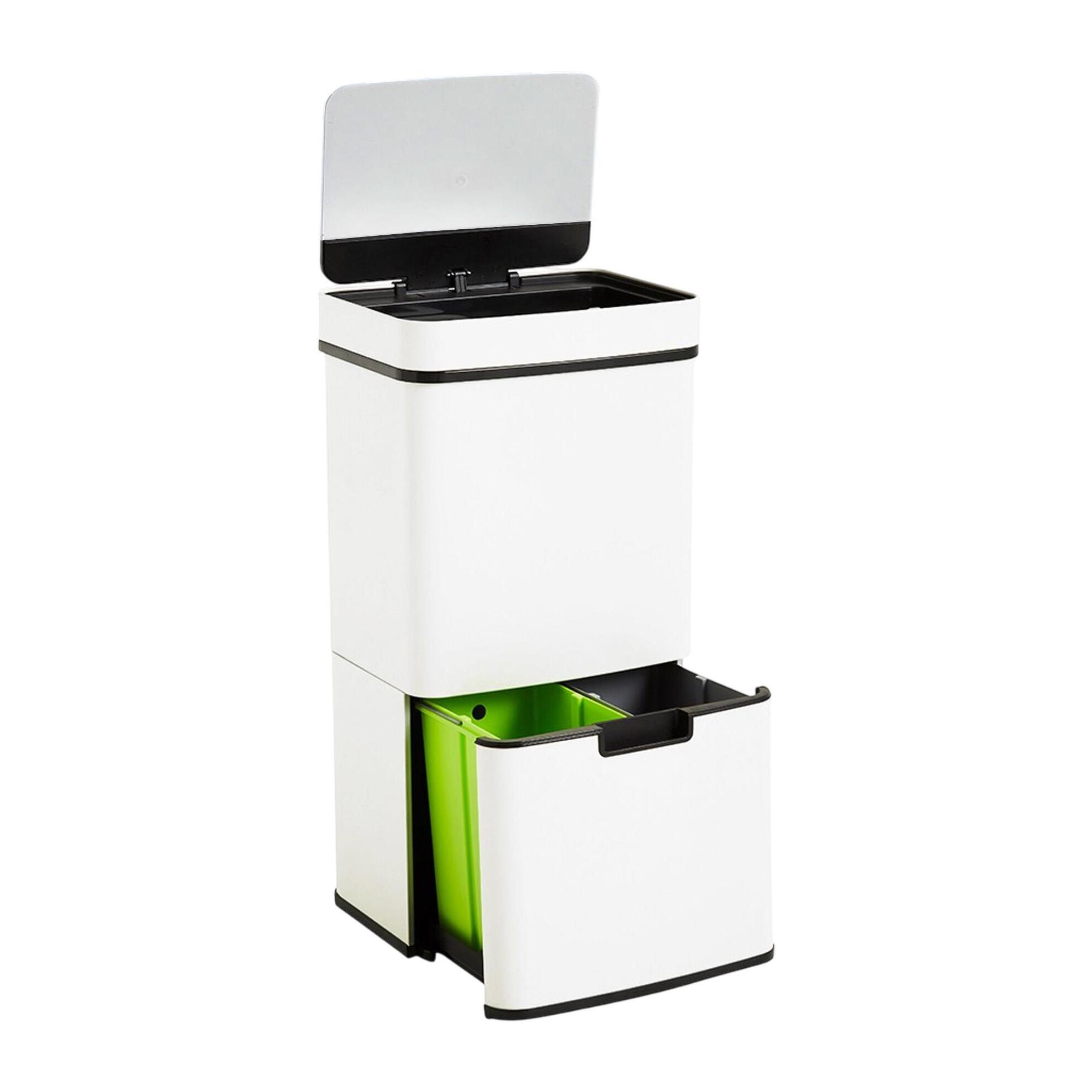 Well home papelera de reciclaje 62l (37l+25l), cubo de basura con 2 compartimentos, apertura automática con sensor, en acero inoxidable, blanco