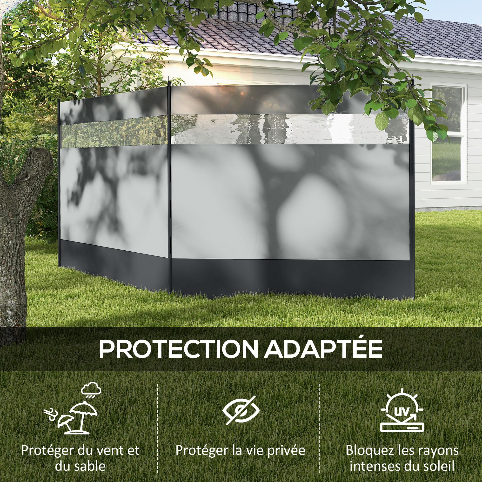 Paravent brise-vue camping plage portable pliable avec sac de transport et poteaux acier dim. 440L x 140H cm gris