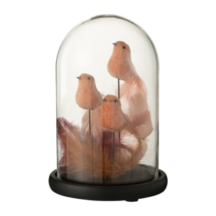 J-Line décoration Cloche 3 Oiseaux + Plumes - verre - rose/bordeaux