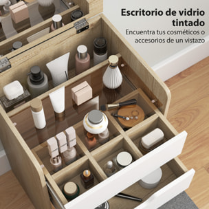 Tocador de Maquillaje 3 en 1 con Taburete Oculto y Espejo Abatible, Mesa de Maquillaje de Vidrio Visible con 3 Cajones y Taburete Acolchado, para Espacios Reducidos, Vestidor, Roble y Blanco
