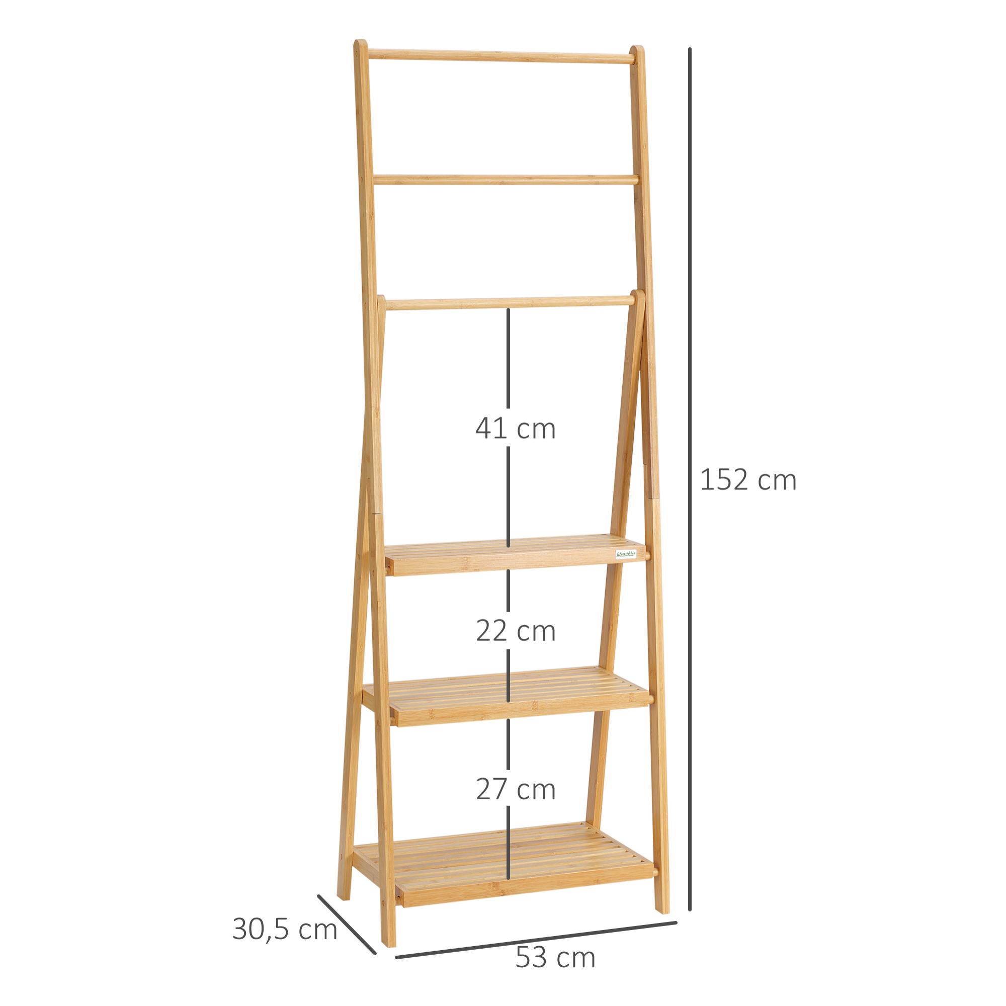 HOMCOM Toallero de Pie de Bambú con 3 Barras Toallero Escalera Plegable con 3 Estantes de Almacenamiento para Baño Lavadero 53x30,5x152 cm Natural