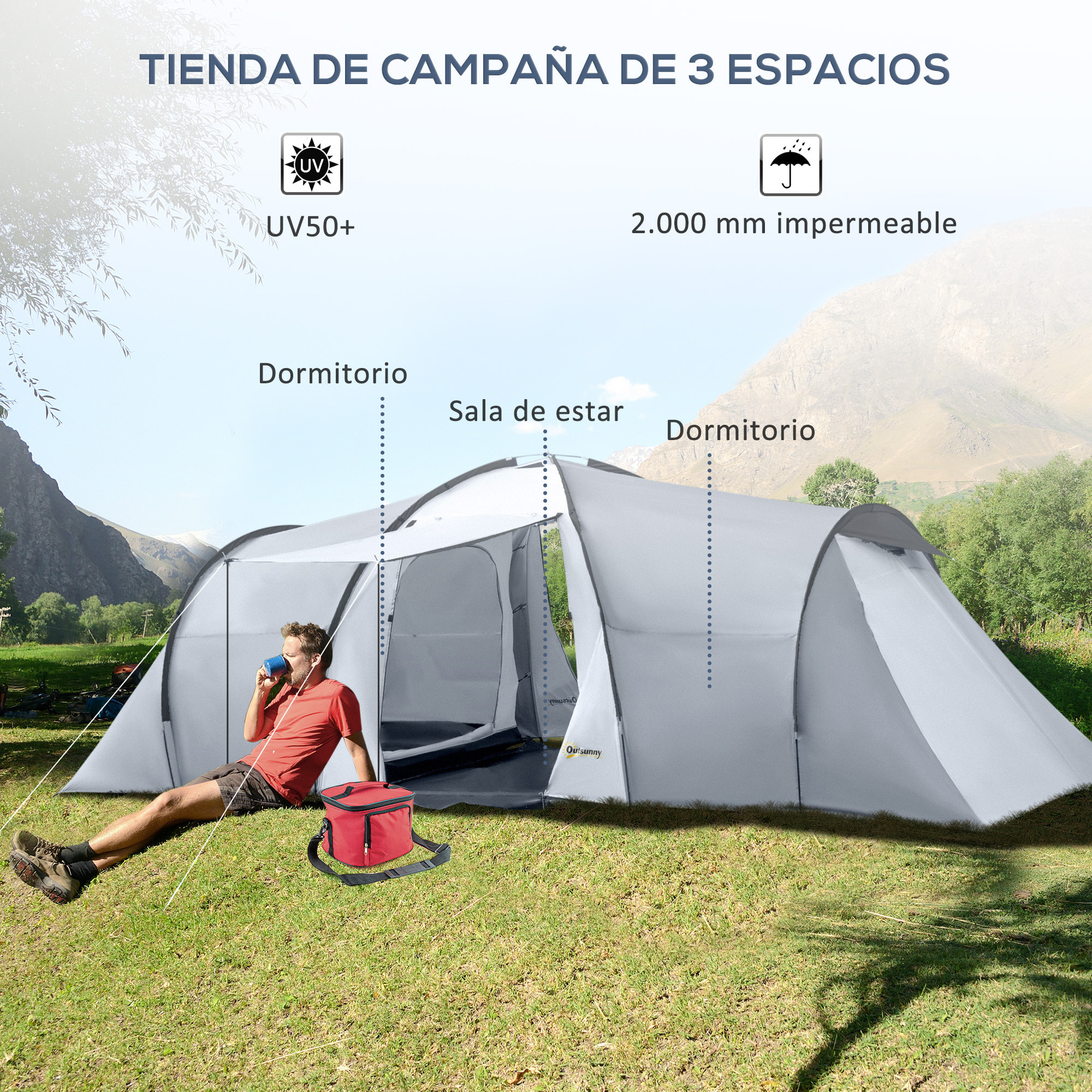 Tienda de Campaña Familiar para 4-6 Personas Tienda de Camping Plegable con 2 Ventanas y Bolsa de Transporte Impermeable Anti-UV para Senderismo 590x245x193 cm Gris
