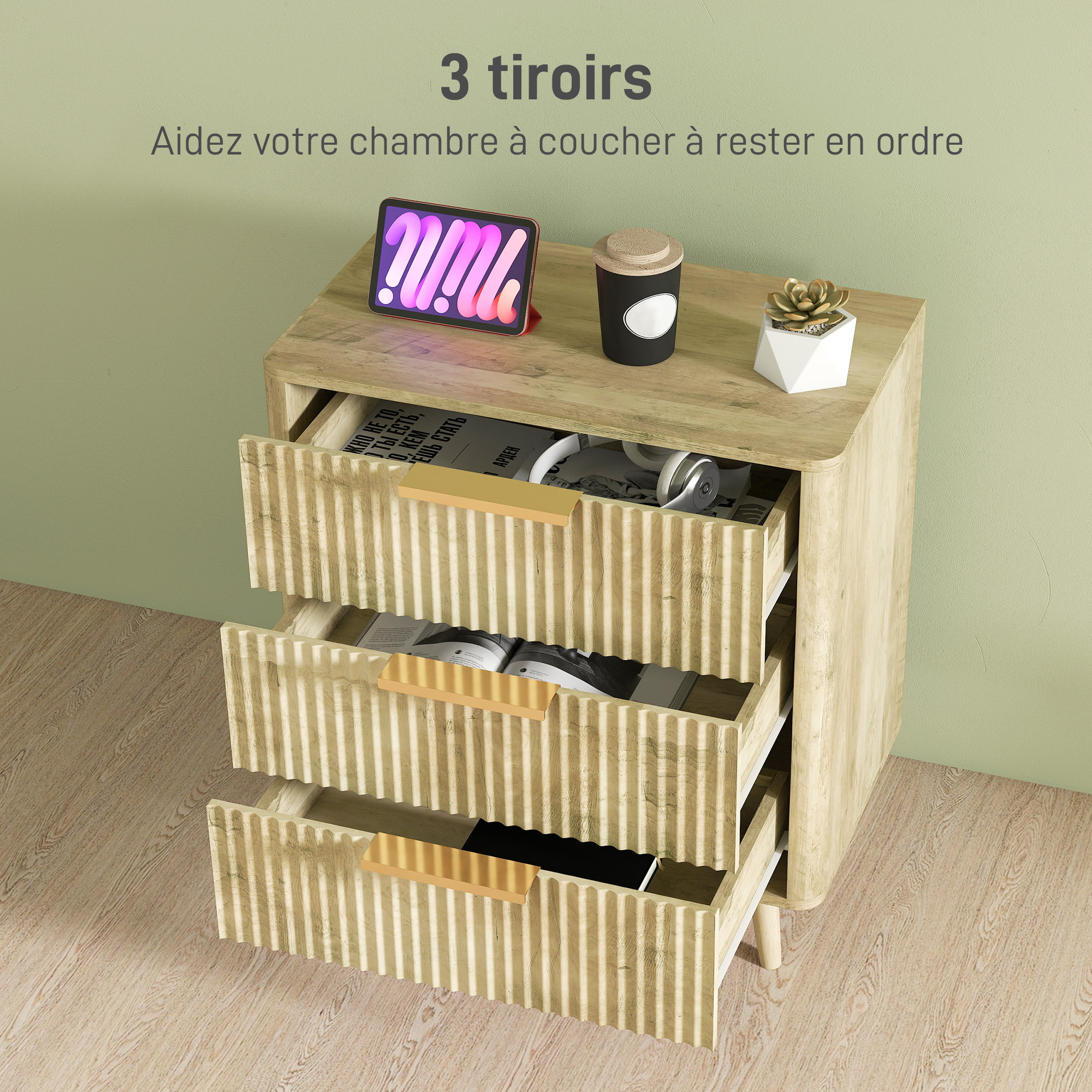 Commode 3 tiroirs effet bois façades cannelées poignées métal doré