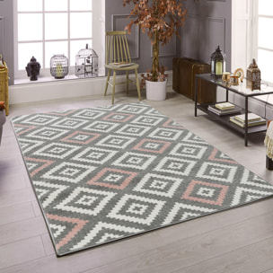 Tavla - tapis de salon en laine artificielle motif graphique rose et gris