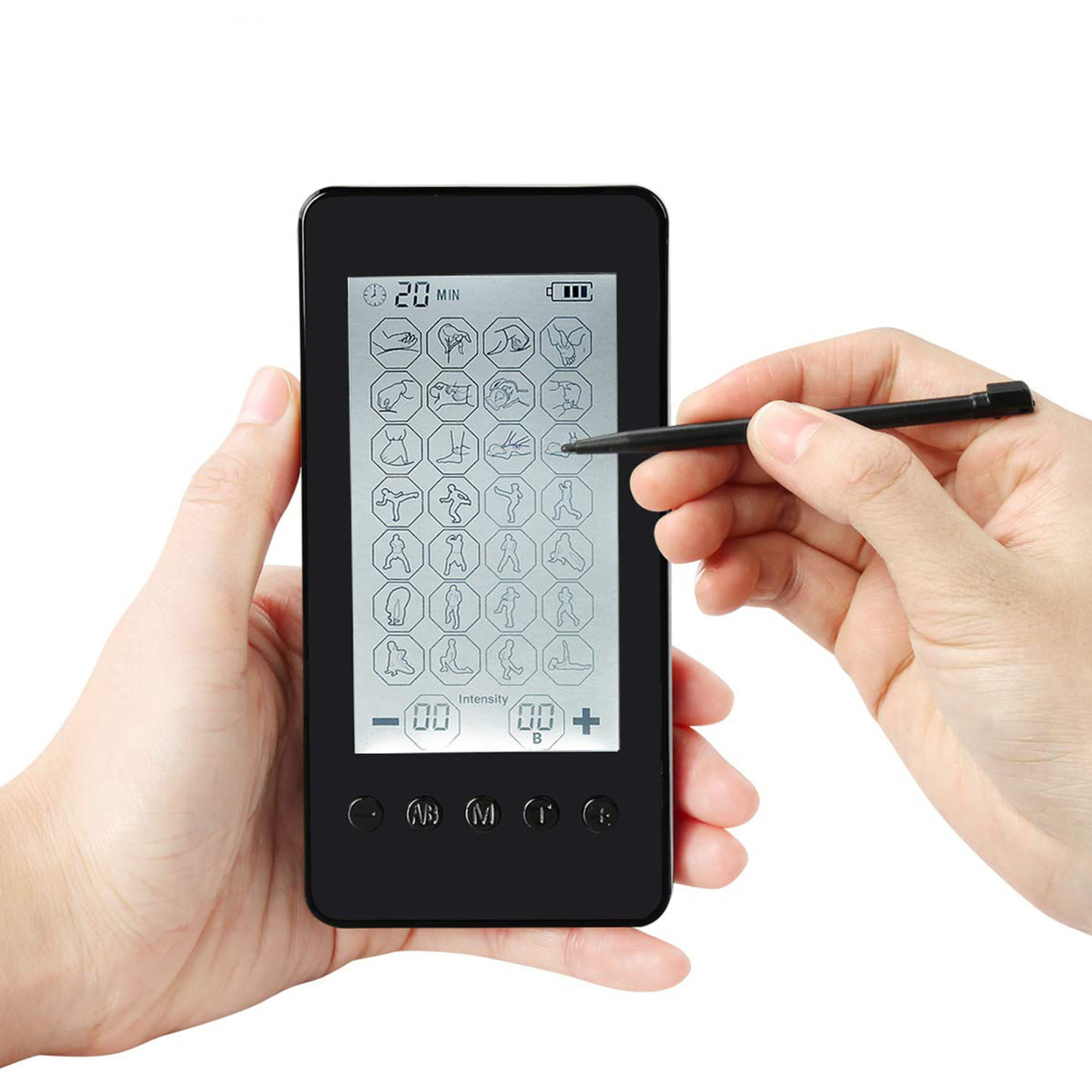 EMS Stimolatore Muscolare MHD-28 portatile. 28 modalità, 20 intensità, 2 canali duali. Dimensioni compatte, batteria ricaricabile.