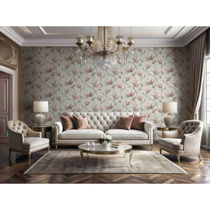 Papier peint magnolia rose poudré fond crème