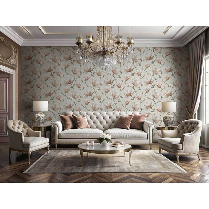 Papier peint magnolia rose poudré fond crème