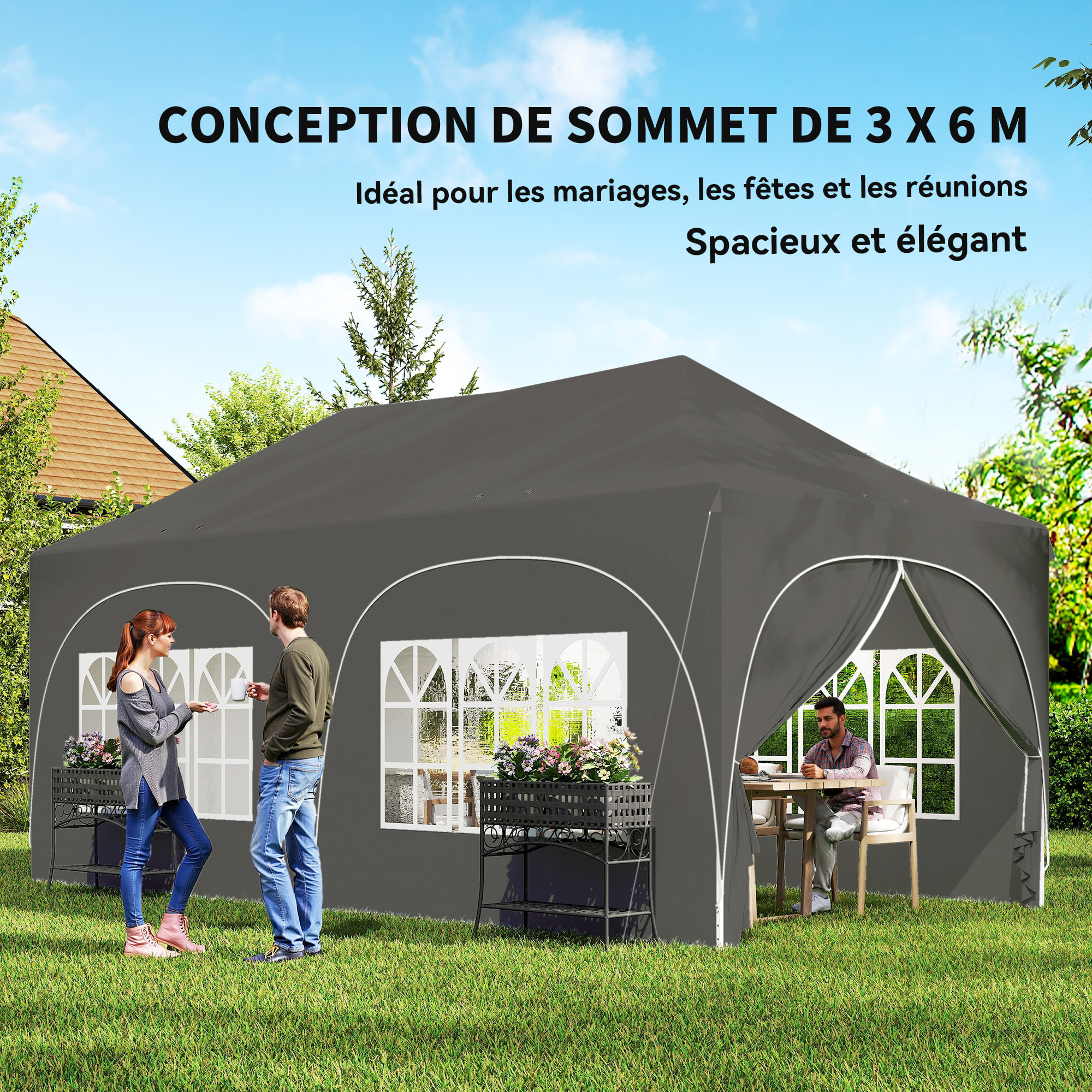 Tonnelle pliante 3x6m imperméable anti-UV, barnum avec 6 parois & 6 sacs de sable - tente de réception 12 trous de drainage - pavillon pop-up, 4 fenêtres église pour mariage, marché - gris
