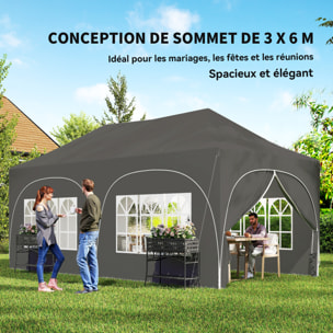 Tonnelle pliante 3x6m imperméable anti-UV, barnum avec 6 parois & 6 sacs de sable - tente de réception 12 trous de drainage - pavillon pop-up, 4 fenêtres église pour mariage, marché - gris