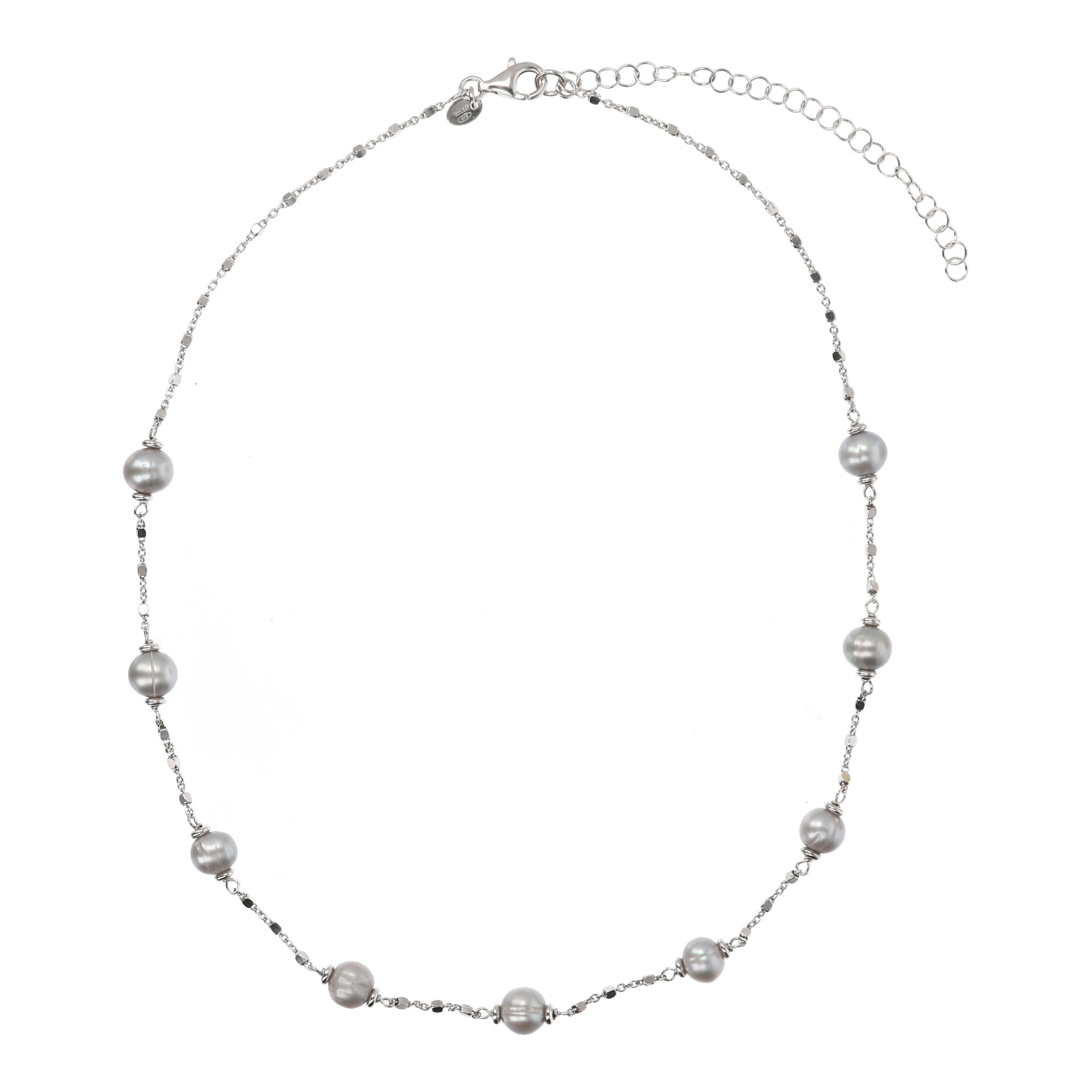 Collana Catena a Cubetti in Argento 925 con Perle d'Acqua Dolce Grigie Ø 6/8 mm