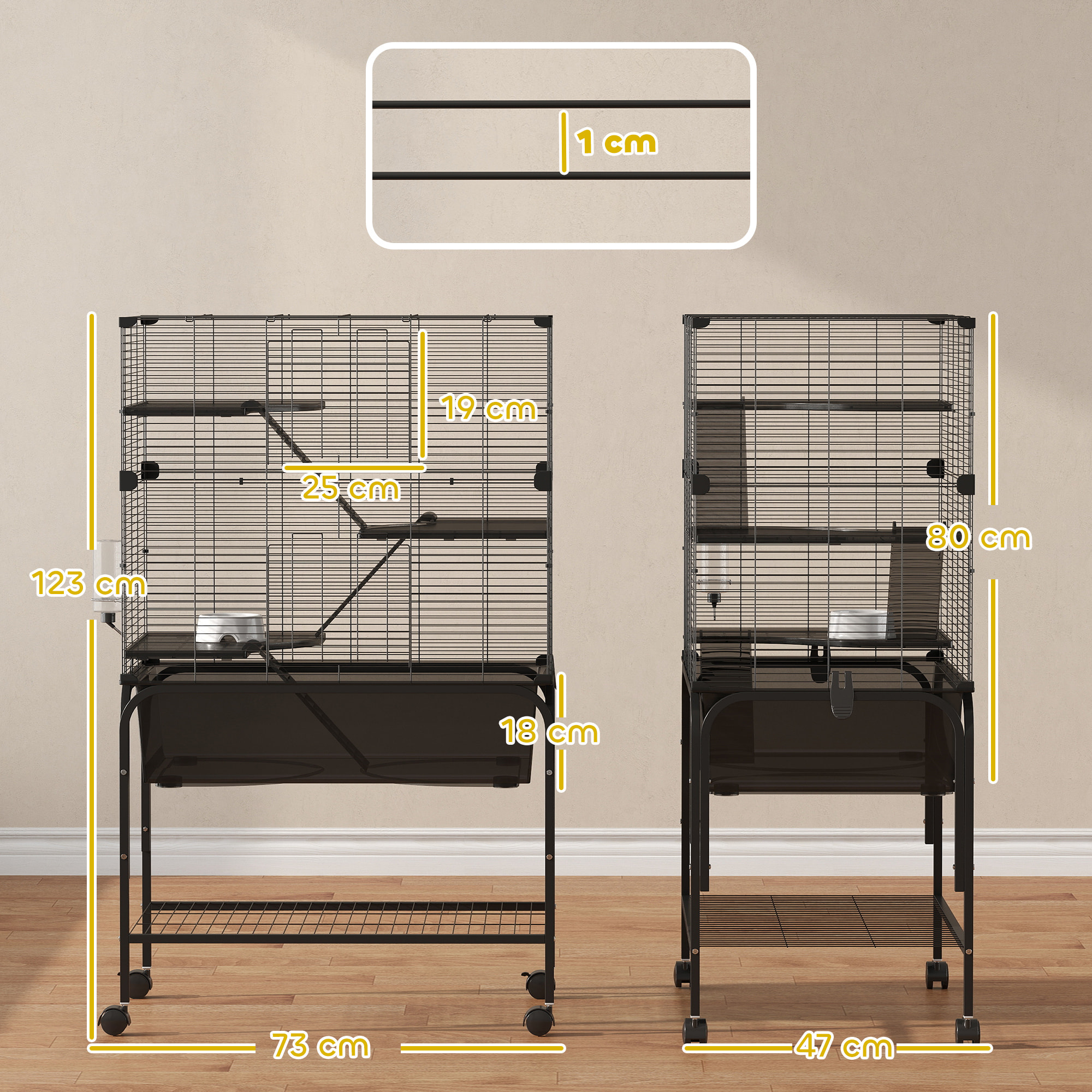 Jaula para Animales Pequeños de 4 Niveles con Ruedas Jaula para Roedores con Bandeja Profunda Rampas Plataformas Comedero y Bebedero Recinto para Chinchillas Hurones Hámster 73x47x123 cm Negro
