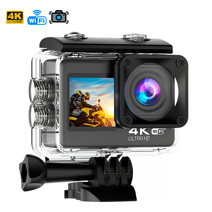 Cámara Deportiva AT-S60 TR 4k 60fps con 24 mpx, doble pantalla de 2" y 1.3" estabilizador de imagen, multitud de accesorios y WIFI.