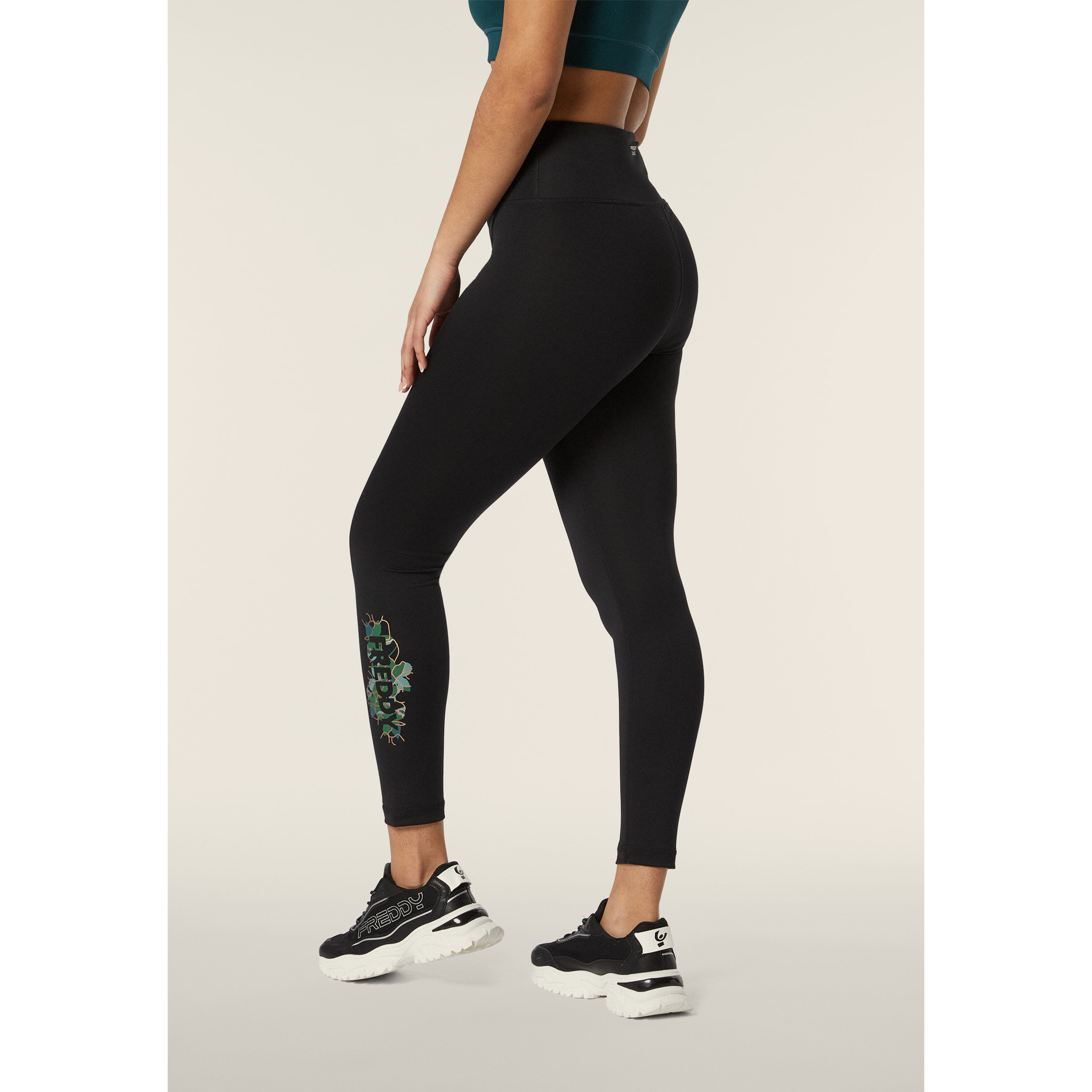 Leggings 7/8 vita alta in tessuto tecnico con logo floreale