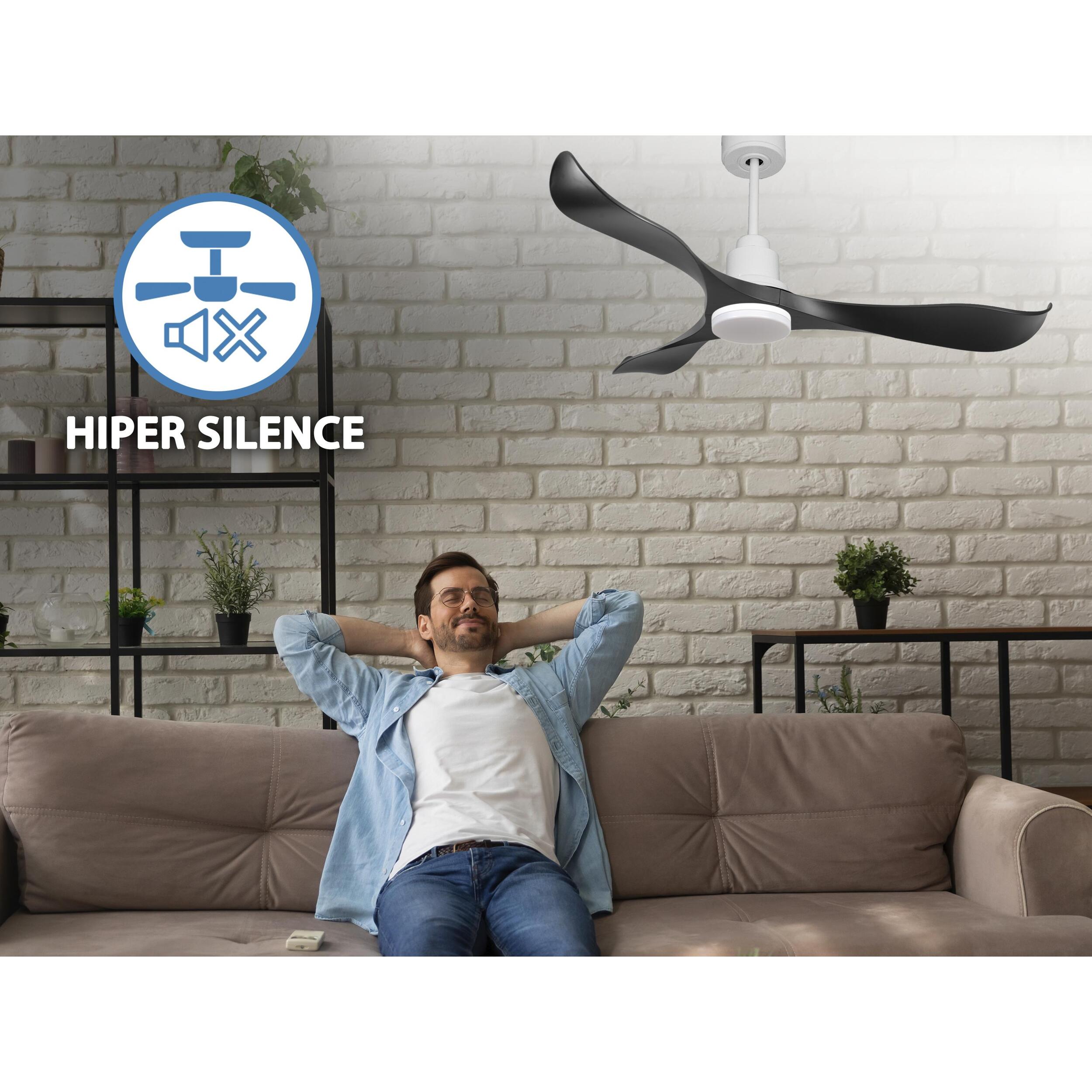 Ventilador de techo Modo Invierno/Verano Termostato Dimable Wifi Motor DC Techos Inclinados Mando a Distancia Luz tres tonos Adaptador 2/3 Aspas Hypersilence UtilaD132C04LED64449 PURLINE