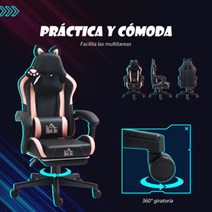 Silla Gaming con Orejas Silla Gamer Reclinable con Altura Ajustable Reposapiés Retráctil Soporte Lumbar y Reposacabezas Desmontable Silla para Oficina Estudio Negro