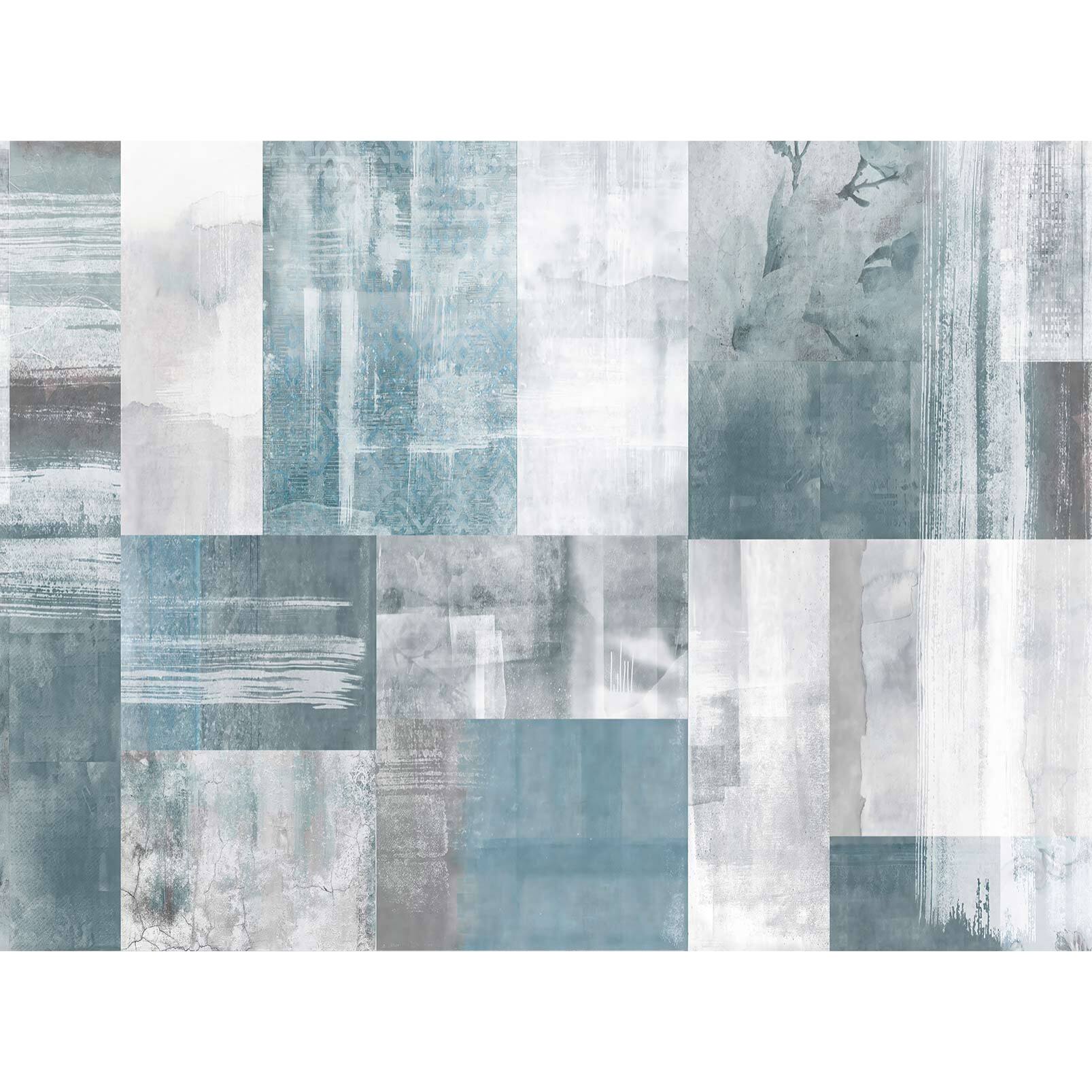 Papier peint abstrait patchwork minéral bleu et gris Intissé
