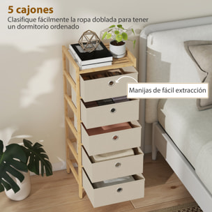 Cómoda con 5 Cajones de Tela, Cómoda para Dormitorio de Bambú, Cajonera para Espacios Pequeños, Salón, Oficina, Vestidor, Crema y Natural