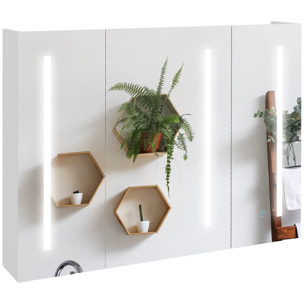 Armario con Espejo de Baño con Luz LED Mueble de Pared Colgante con 3 Puertas Estantes Ajustables Interruptor Táctil y USB 90x15x70 cm Blanco Brillante