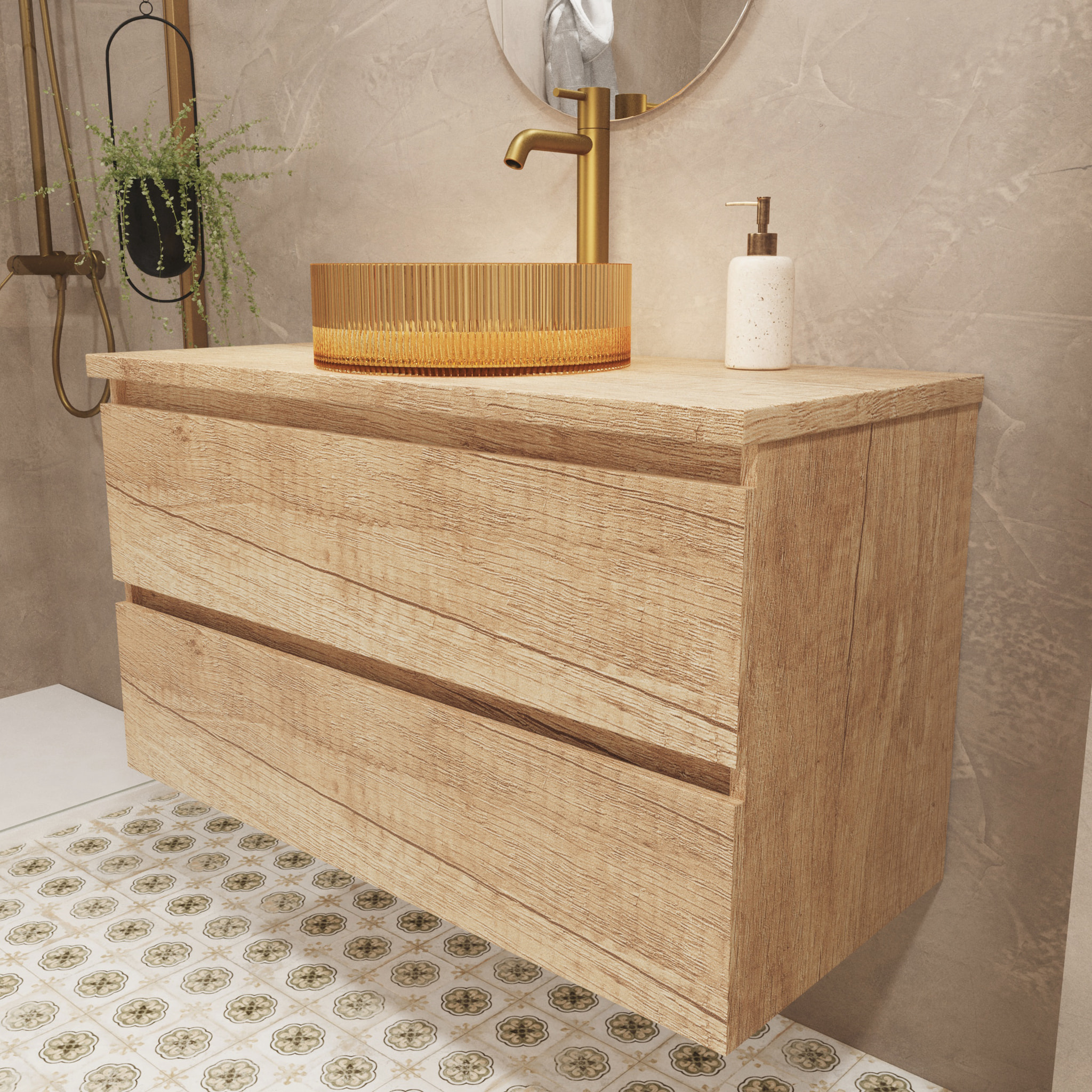 Conjunto de Baño Glass | 100 cm Nature | Dos Cajones | Lavabo de Vidrio Xampagne | No incluye Espejo | Mueble Montado | Alday