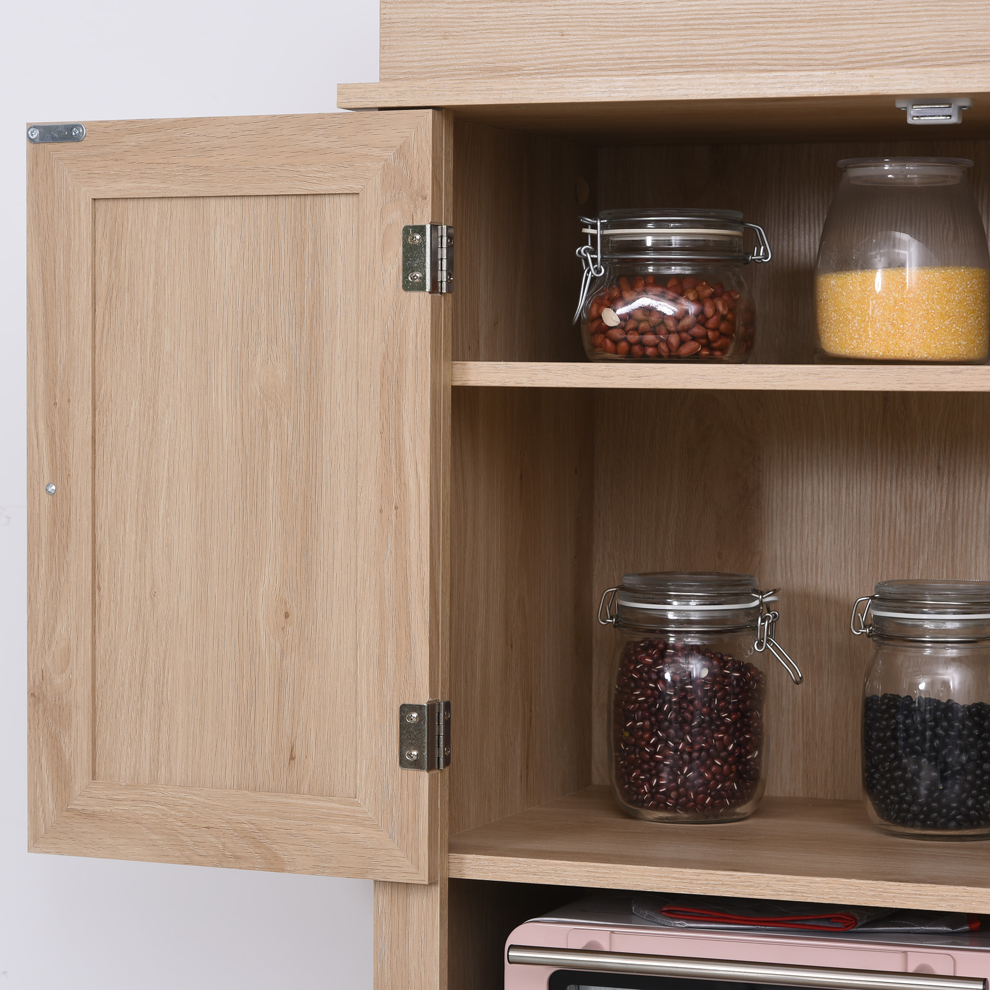 Armoire de cuisine multi-rangements 2 placards 2 portes tiroir niche MDF panneaux chêne clair