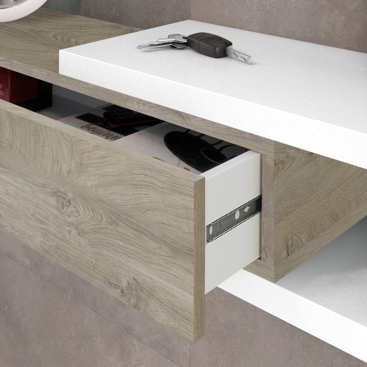 Mueble Recibidor Cajon Y Espejo 19x95x26 Cm Roble Blanco Artik