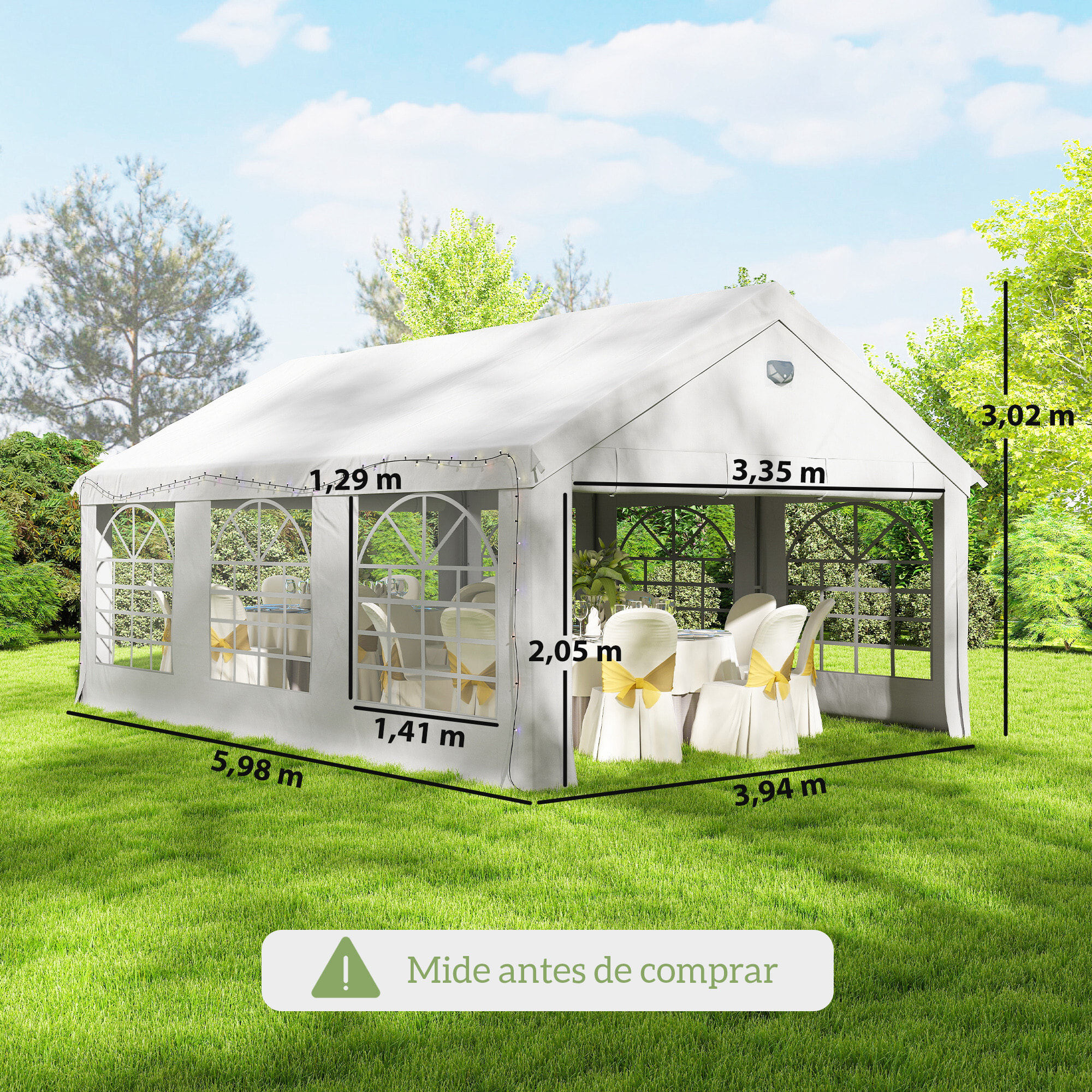 Carpa para Fiesta 4x6 m con Luces LED, Carpa de Jardín con Estructura Acero Galvanizado, Paredes Laterales Extraíbles, 2 Puertas con Cremallera, Ventanas, UPF30+, Gazabo para Eventos, Blanco