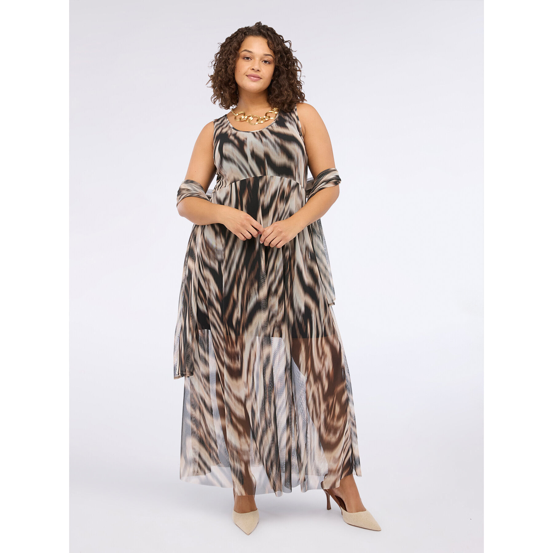 Fiorella Rubino - Vestito flare lungo in tulle con stampa - Marrone