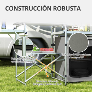 Mueble de Cocina para Camping Armario para Camping Plegable con Mesas Estantes Poste de Luz Elevable y Bolsa de Transporte para Acampada Picnic 144x48x119 cm Plata y Gris Claro