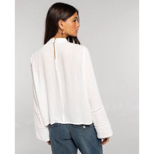Blusa de gasa con encaje y manga larga de mujer