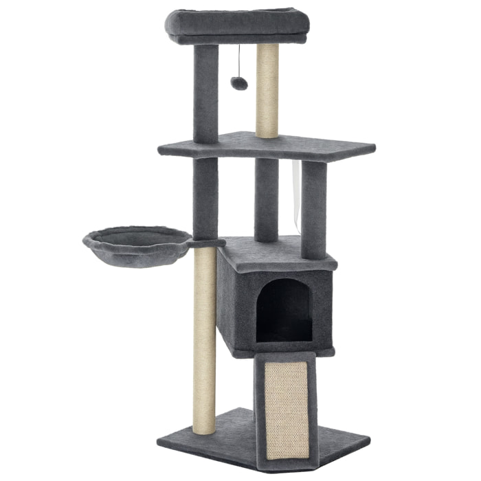 Árbol Rascador para Gatos, Árbol para Gatos 127 cm, Torre Escalador con Cueva, Hamaca, Cama, Plataformas, Rampa de Sisal, Bola Colgante, Gris