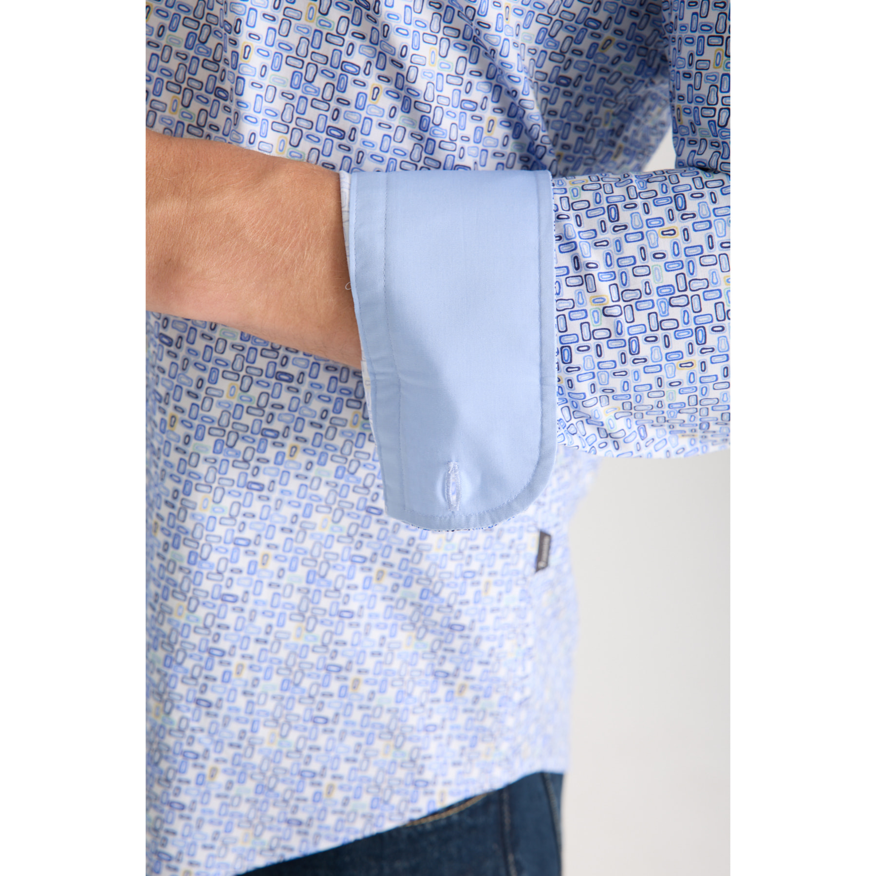 Camicia Uomo 1 Bottoni Button Down Slim Popeline Stretch Stampato Bianco\Blu Inchiostro