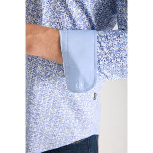 Camicia Uomo 1 Bottoni Button Down Slim Popeline Stretch Stampato Bianco\Blu Inchiostro
