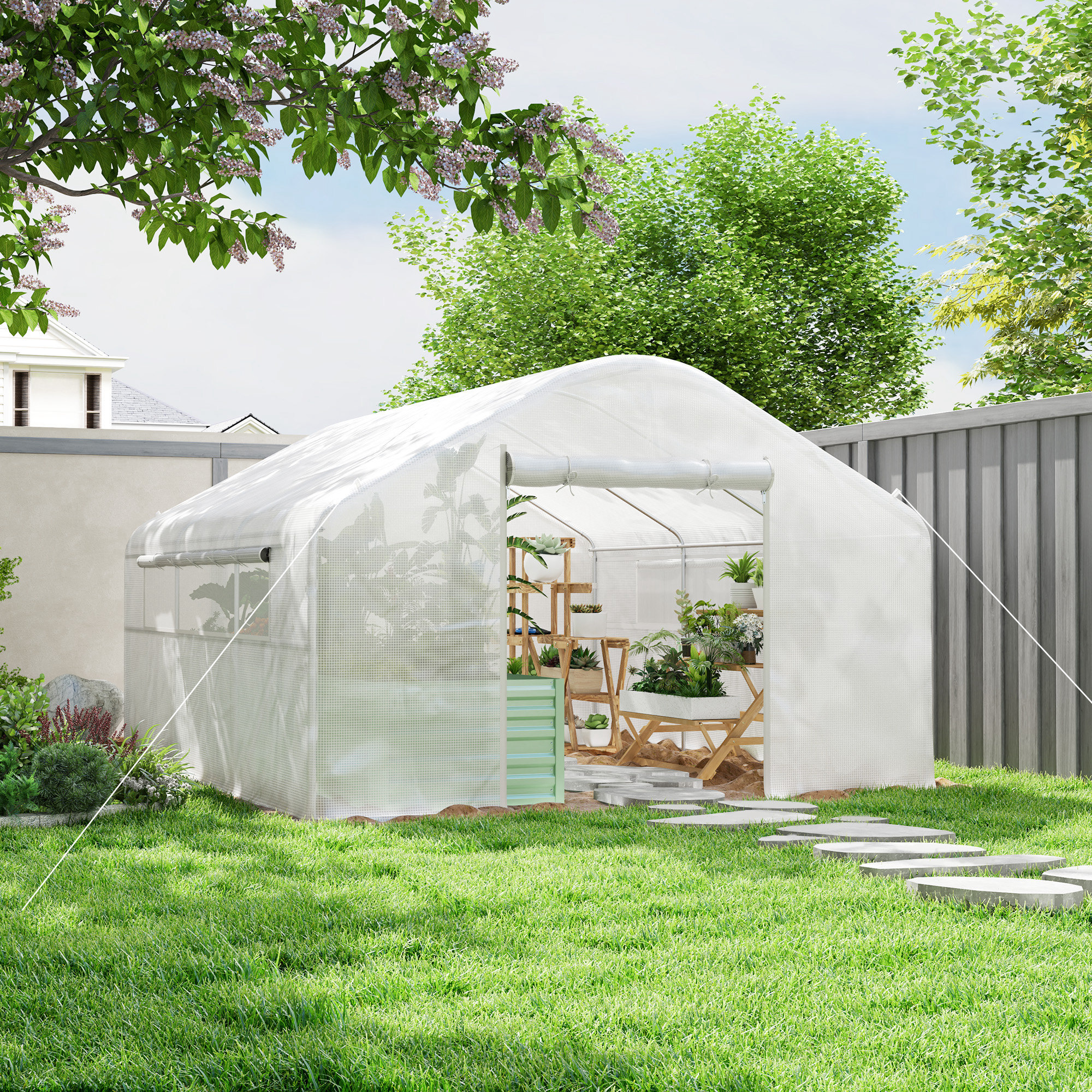 Invernadero de Exterior 4x3x2 m Invernadero de Túnel con 2 Ventanas Cubierta de PE Anti-UV y 1 Puerta Enrollable con Cremallera Invernadero para Jardín Patio