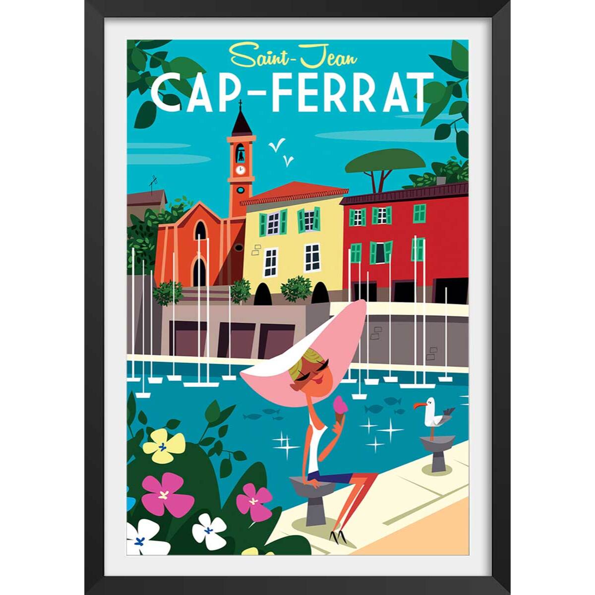 Poster du cap ferrat Affiche + cadre en bois - Noir