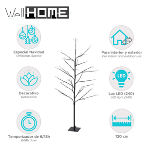 árbol con 240 luces led blanco cálido de 120cm de altura en color marrón