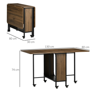 Mesa Plegable de Comedor Mesa de Cocina Plegable con Ruedas Alas Abatibles y Estante de Almacenamiento Mesa Plegable para Salón 130x80x74 cm Madera Marrón