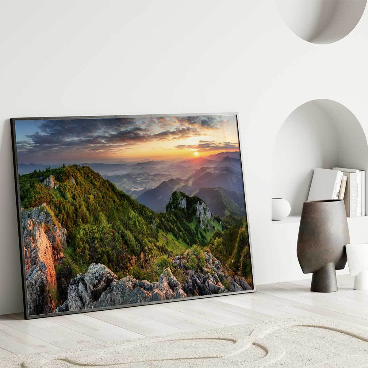 Affiche encadrée Paysage de crête au soleil couchant Affiche + cadre en métal - Noir