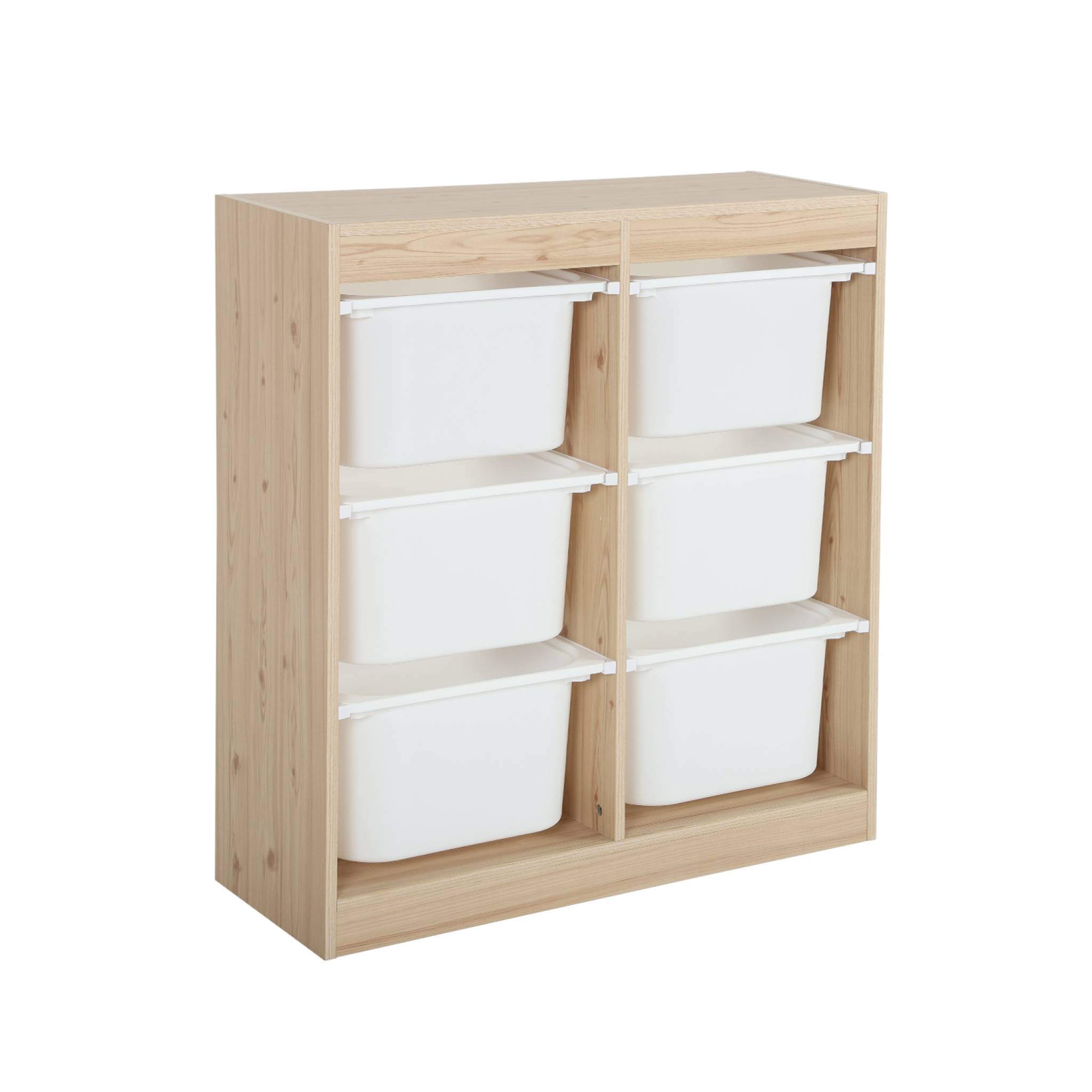 Meuble de rangement enfant. naturel. 6 bacs de rangement en plastique