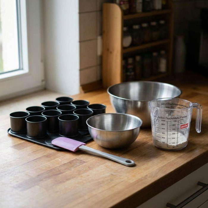 Set à pâtisserie 1 plaque de 12 mini-moules 2 bols à mixer 1 verre mesureur et 1 spatule Zenker Black Metallic