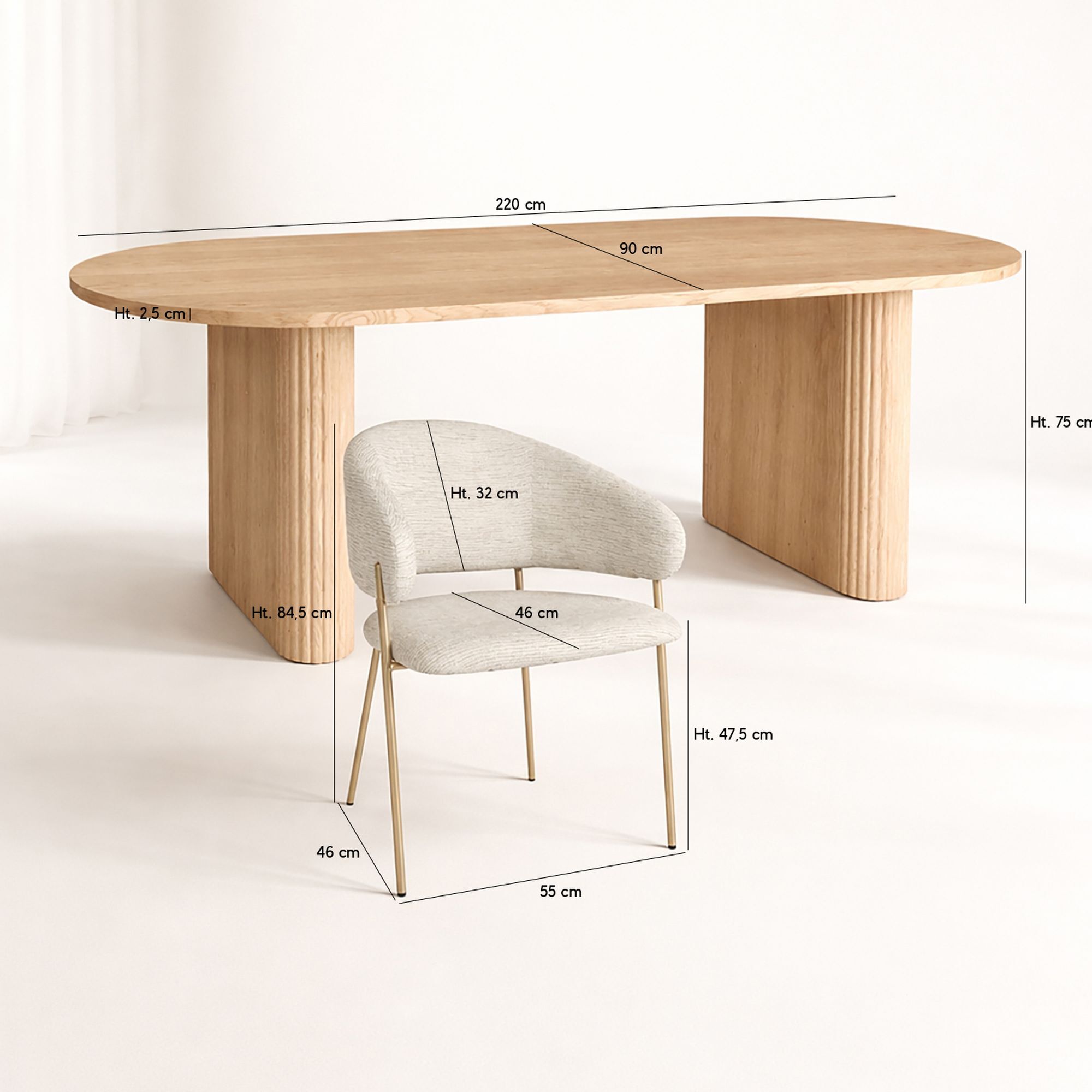 Ensemble table ovale effet bois 220cm et 6 fauteuils en tissu écru