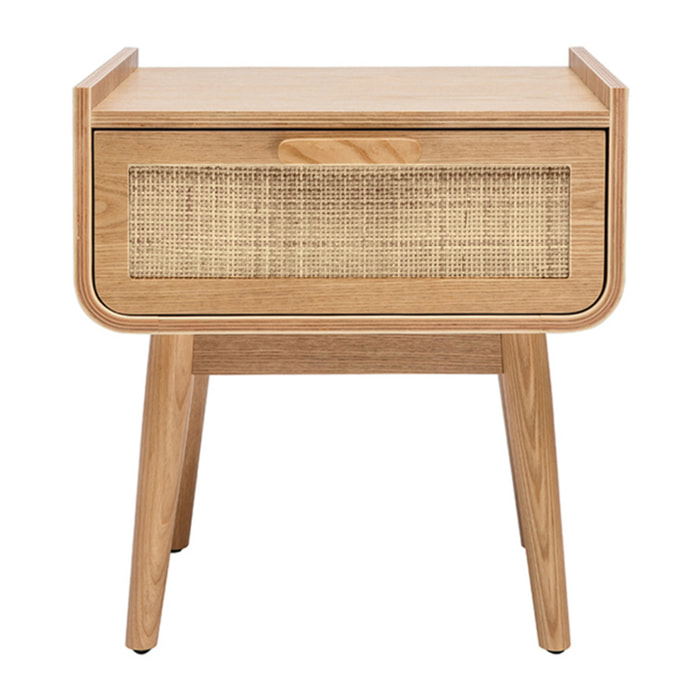 Table de chevet avec tiroir en bois clair frêne et cannage rotin ATHÈNE