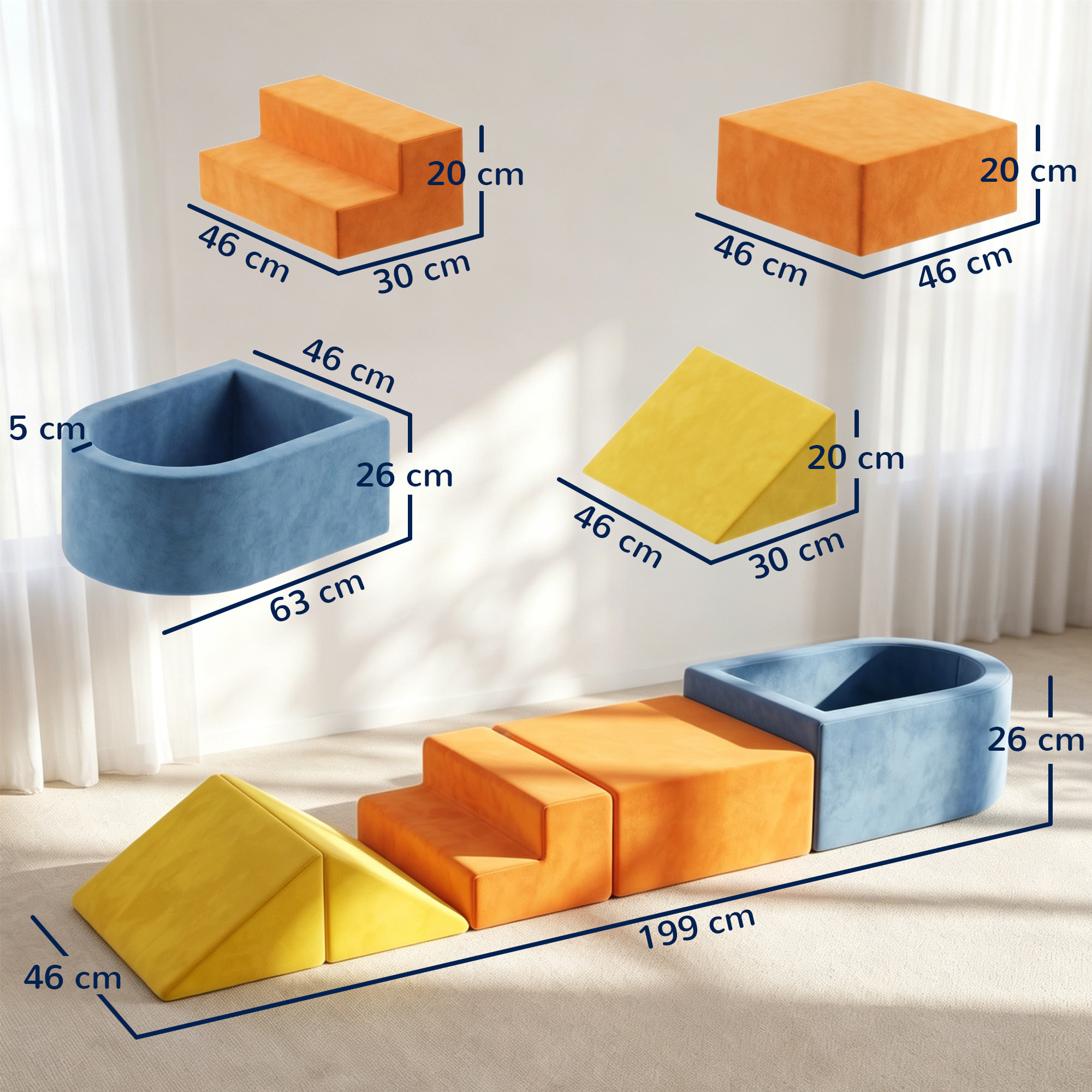 Parcours motricité 5 pièces variées tissu velours multicolore