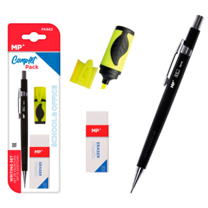 SET DE ESCRITURA: Portaminas, rotulador fluorescente y goma de borrar.