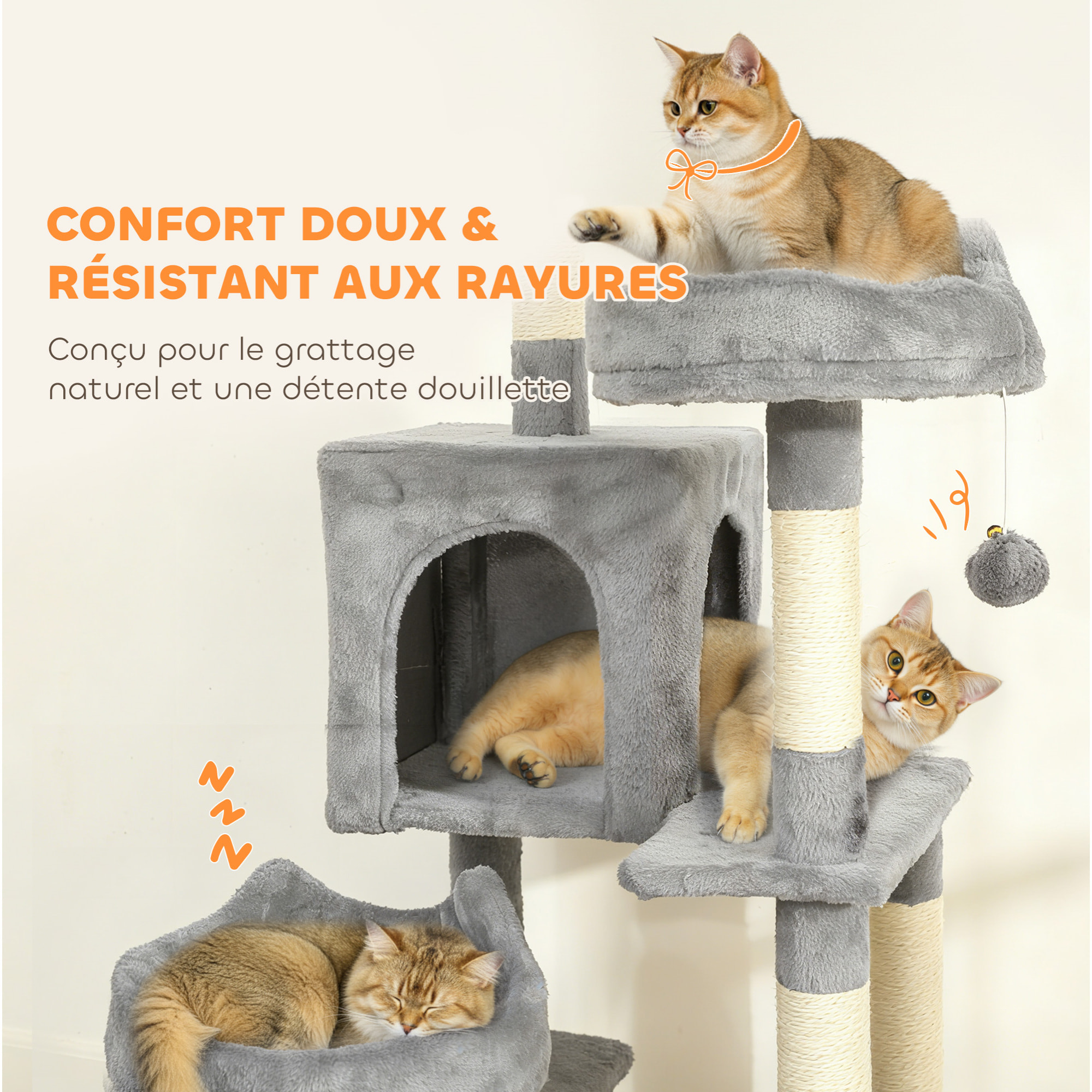 Arbre à chat design XXL gris clair multi-activités - zones de repos, griffoirs, grattoir - H.192 cm